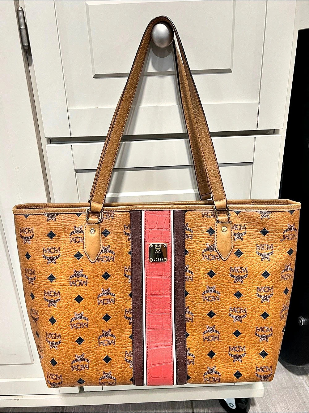 MCM Visetos Reversible Liz Shopper Tote with Center Stripe Brown & Pink